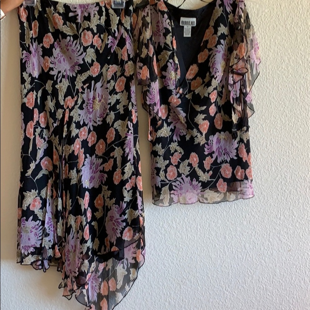 2-piece silk floral blouse and skirt.